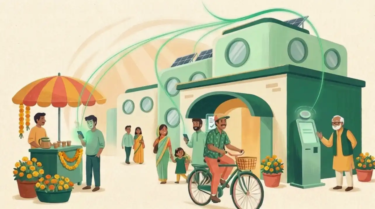 A patient walks into a sunlit hospital, screening and routing already underway