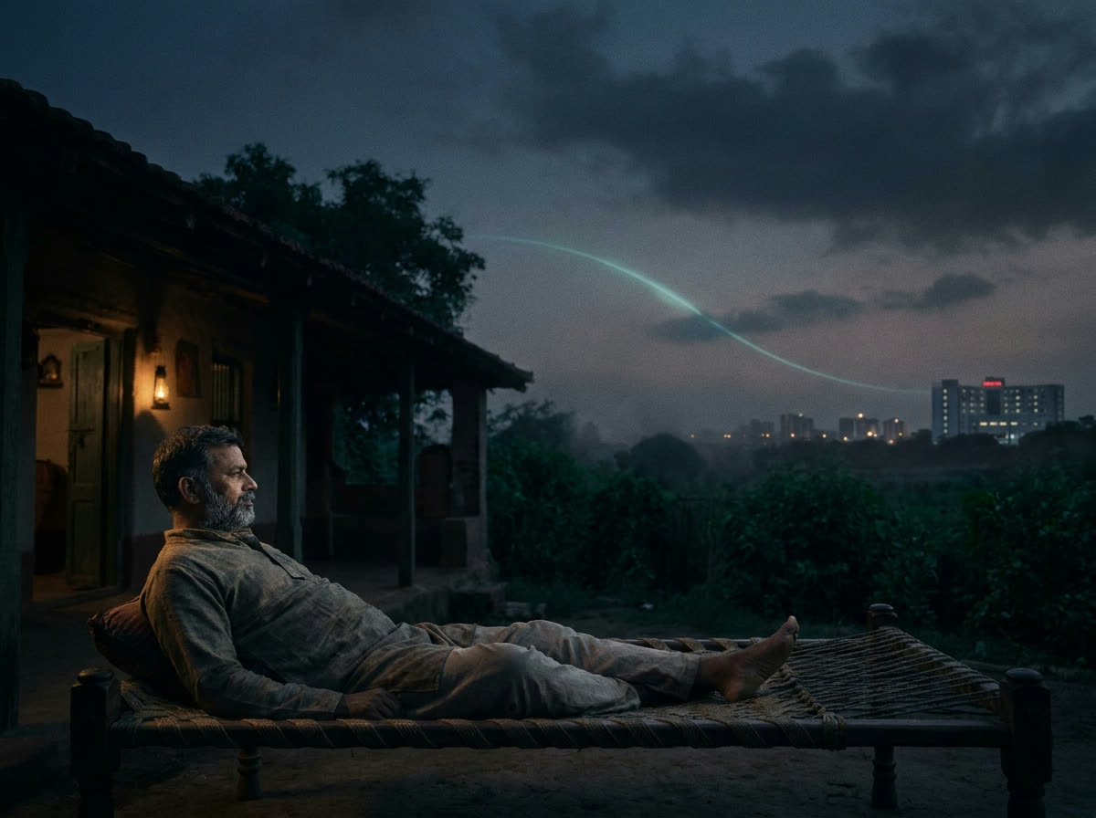 A man rests at his village home at dusk, a thin thread of light connecting his home to a distant hospital