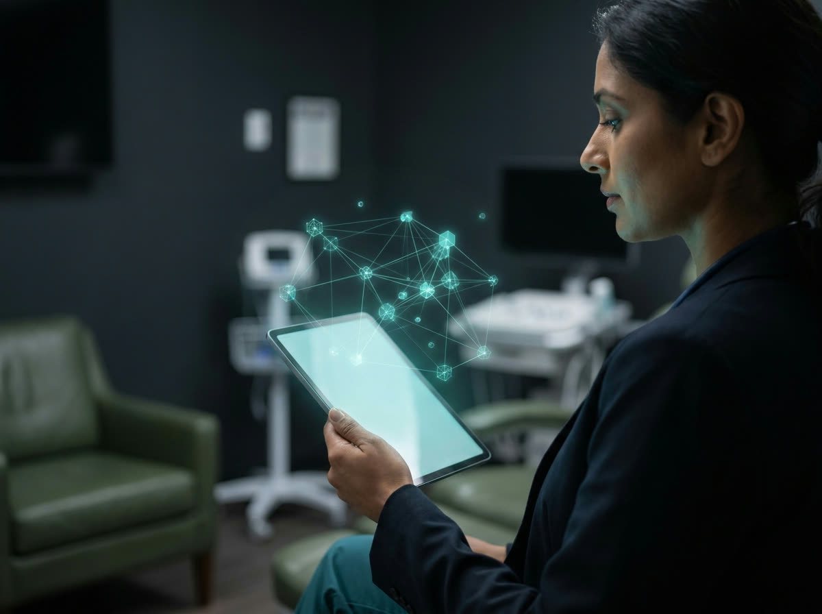 A doctor holds a tablet projecting a constellation of a patient's history