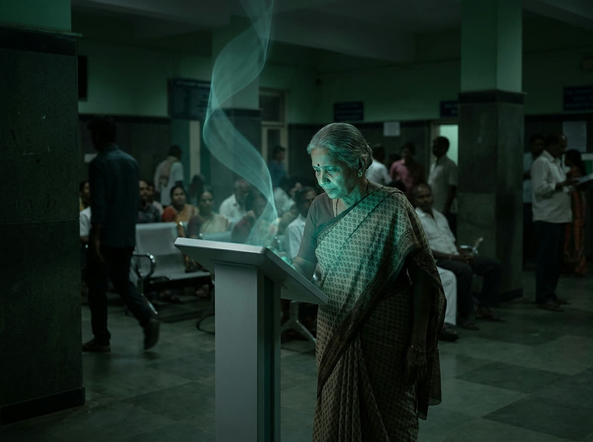 An elderly woman speaks naturally to a small kiosk in a hospital waiting area, a ribbon of light rising from it