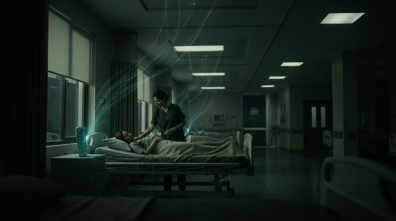 A nurse checks on a sleeping patient in a dim hospital ward, threads of light drifting from the vitals monitors